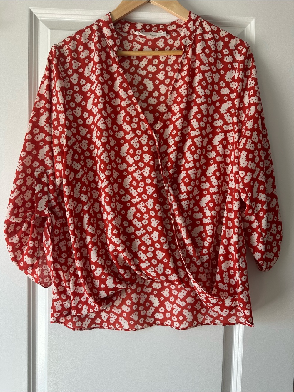 All in Favor Red Floral Wrap-Front Blouse